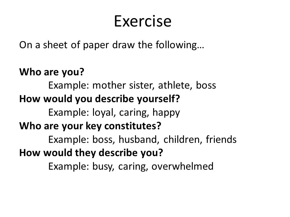 Exercise On a sheet of paper draw the following… Who are you