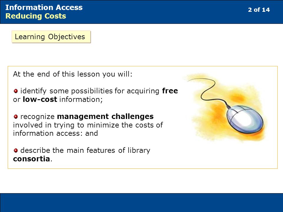 Learning Objectives At the end of this lesson you will: identify some possibilities for acquiring free or low-cost information;