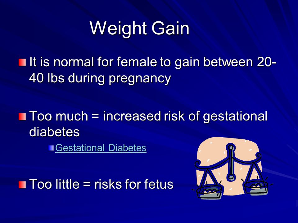 Weight Gain It is normal for female to gain between lbs during pregnancy. Too much = increased risk of gestational diabetes.