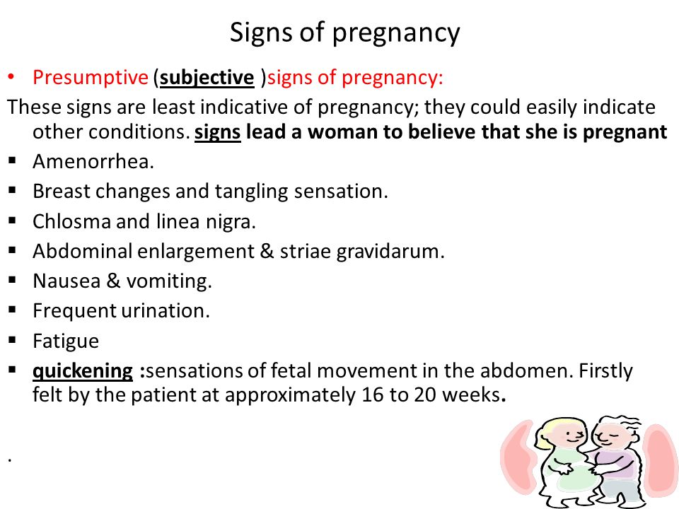 Signs of pregnancy Presumptive (subjective )signs of pregnancy: