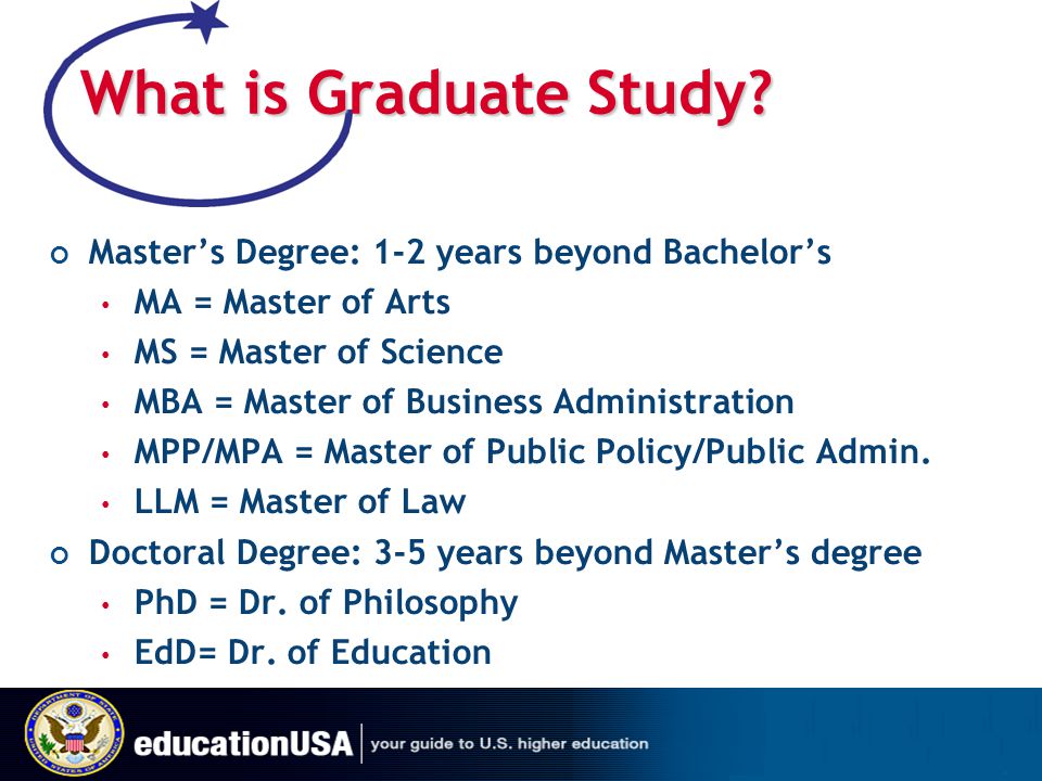 What is Graduate Study Master’s Degree: 1-2 years beyond Bachelor’s