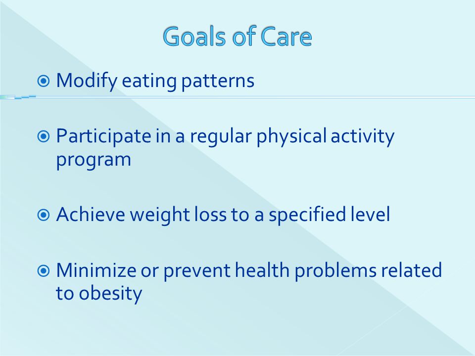 Goals of Care Modify eating patterns