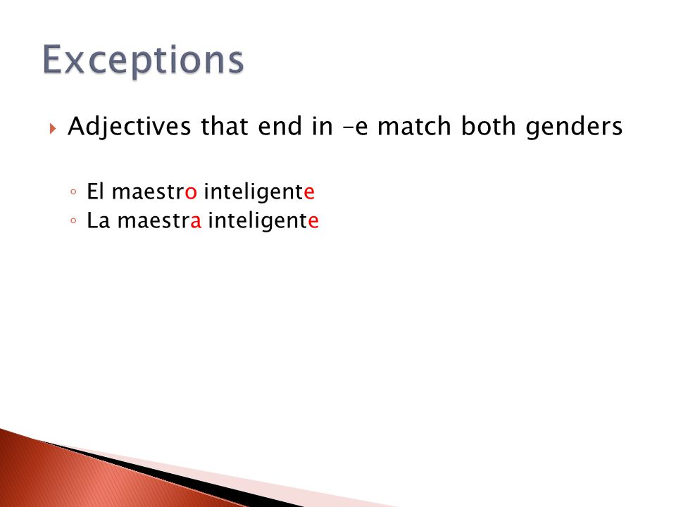 Exceptions Adjectives that end in –e match both genders