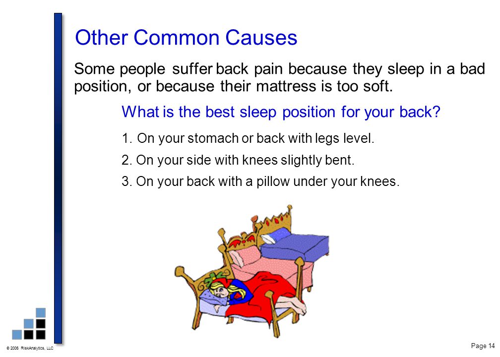 Other Common Causes Some people suffer back pain because they sleep in a bad position, or because their mattress is too soft.