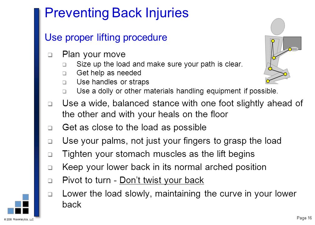 Preventing Back Injuries Use proper lifting procedure