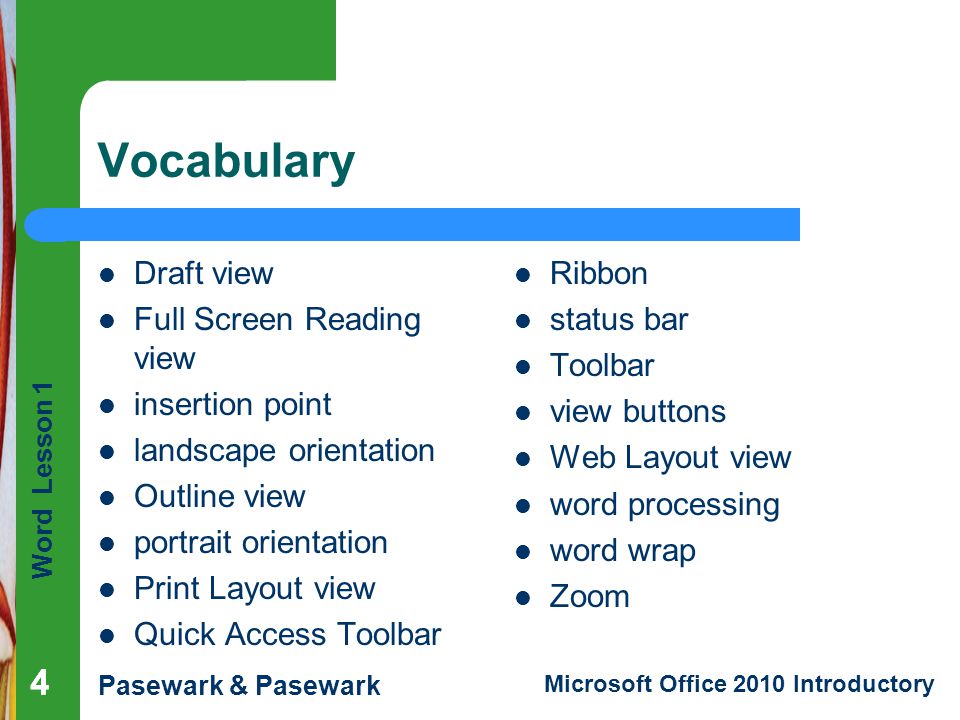 Vocabulary 4 4 Draft view Full Screen Reading view insertion point