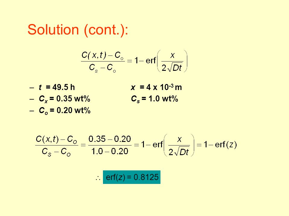 Solution (cont.): t = 49.5 h x = 4 x 10-3 m Cx = 0.35 wt% Cs = 1.0 wt%