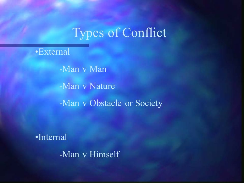 Types of Conflict External -Man v Man -Man v Nature