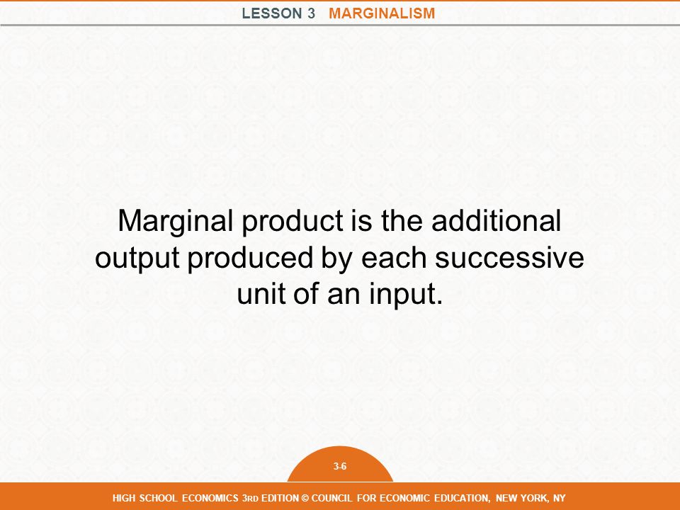 Marginal product is the additional output produced by each successive unit of an input.