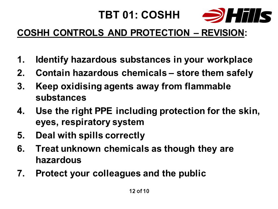 TBT 01: COSHH COSHH CONTROLS AND PROTECTION – REVISION:
