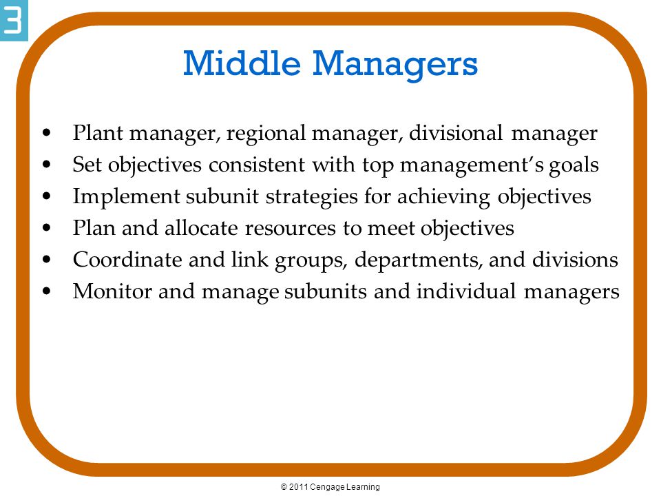 Middle Managers Plant manager, regional manager, divisional manager
