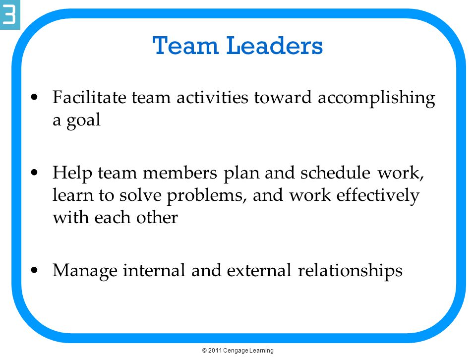 Team Leaders Facilitate team activities toward accomplishing a goal