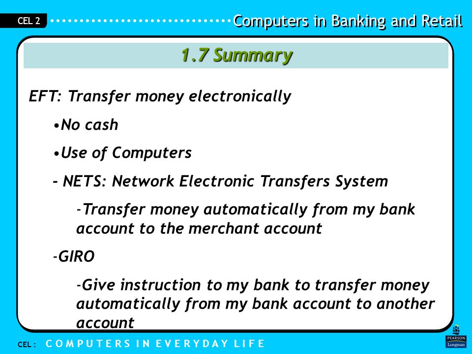 1.7 Summary EFT: Transfer money electronically No cash