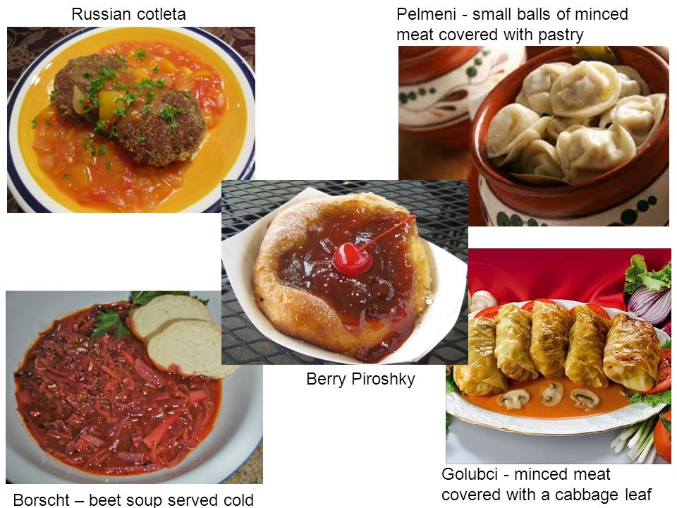 Russian cotleta Pelmeni - small balls of minced meat covered with pastry. Berry Piroshky. Golubci - minced meat covered with a cabbage leaf