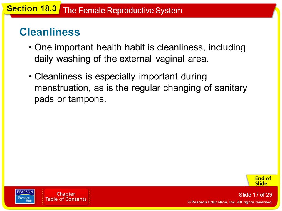 Cleanliness One important health habit is cleanliness, including daily washing of the external vaginal area.
