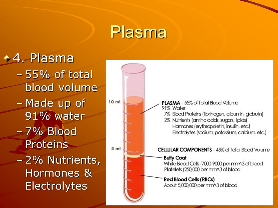Plasma 4. Plasma 55% of total blood volume Made up of 91% water