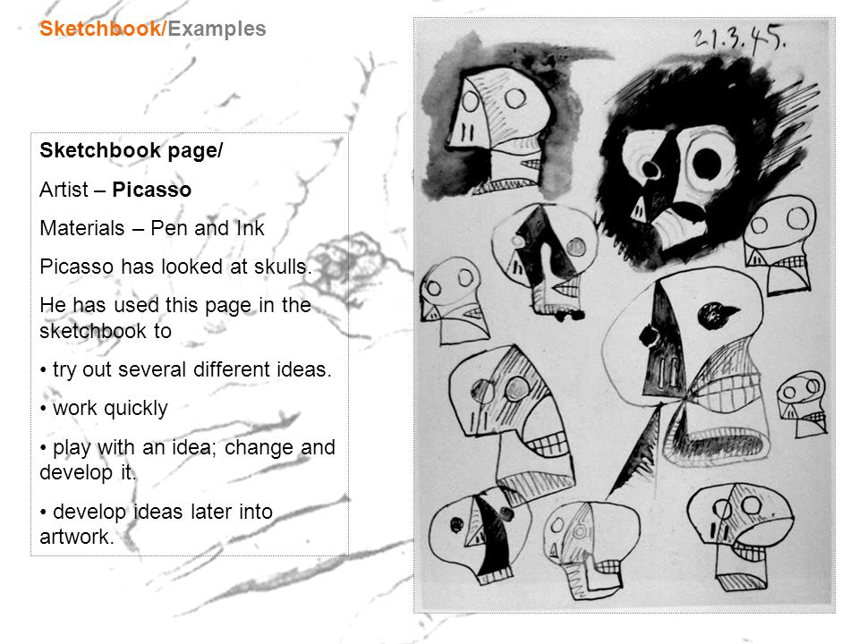 Sketchbook/Examples Sketchbook page/ Artist – Picasso. Materials – Pen and Ink. Picasso has looked at skulls.