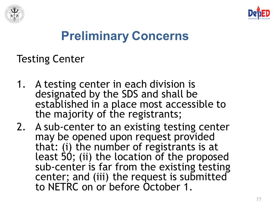 Preliminary Concerns Testing Center