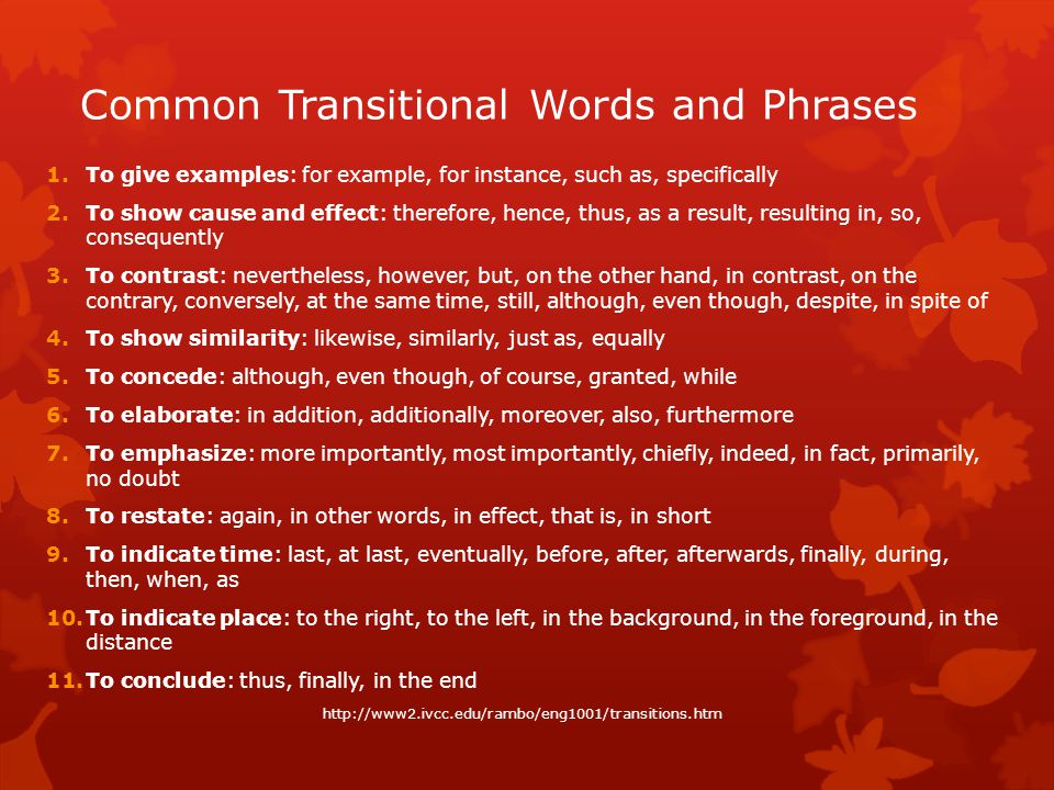 Common Transitional Words and Phrases
