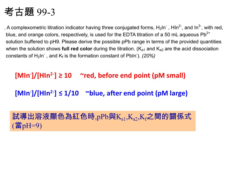 考古題 99-3 [MIn-]/[HIn2-] ≥ 10 ~red, before end point (pM small)