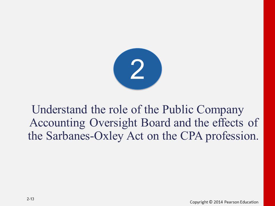 2 Understand the role of the Public Company Accounting Oversight Board and the effects of the Sarbanes-Oxley Act on the CPA profession.