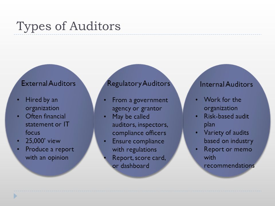 Types of Auditors External Auditors Regulatory Auditors