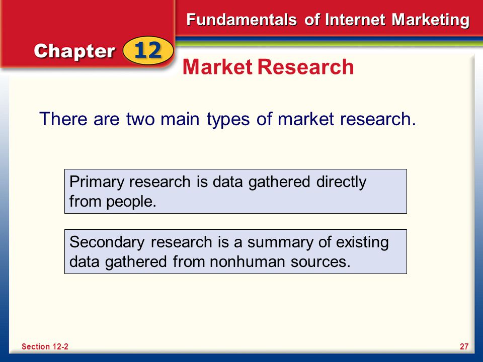 Market Research There are two main types of market research. Primary