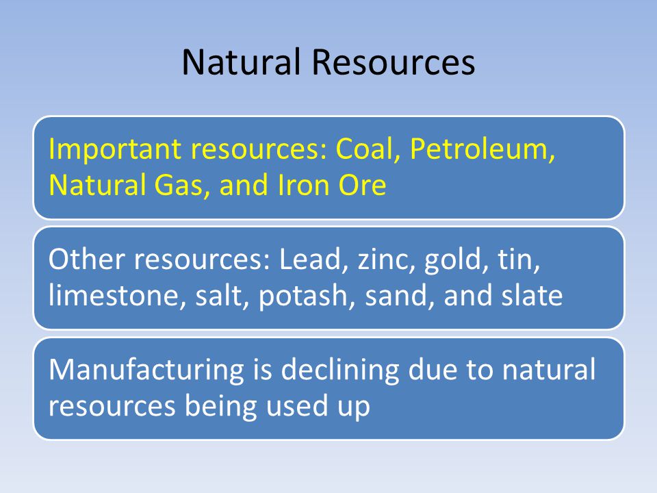 Natural Resources Important resources: Coal, Petroleum, Natural Gas, and Iron Ore.
