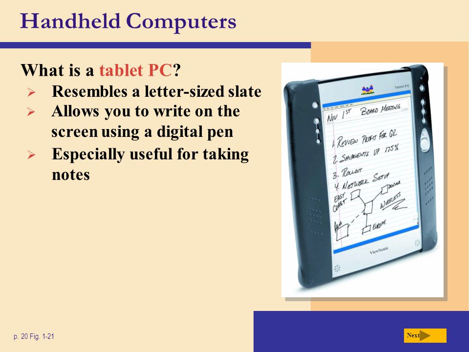Handheld Computers What is a tablet PC Resembles a letter-sized slate