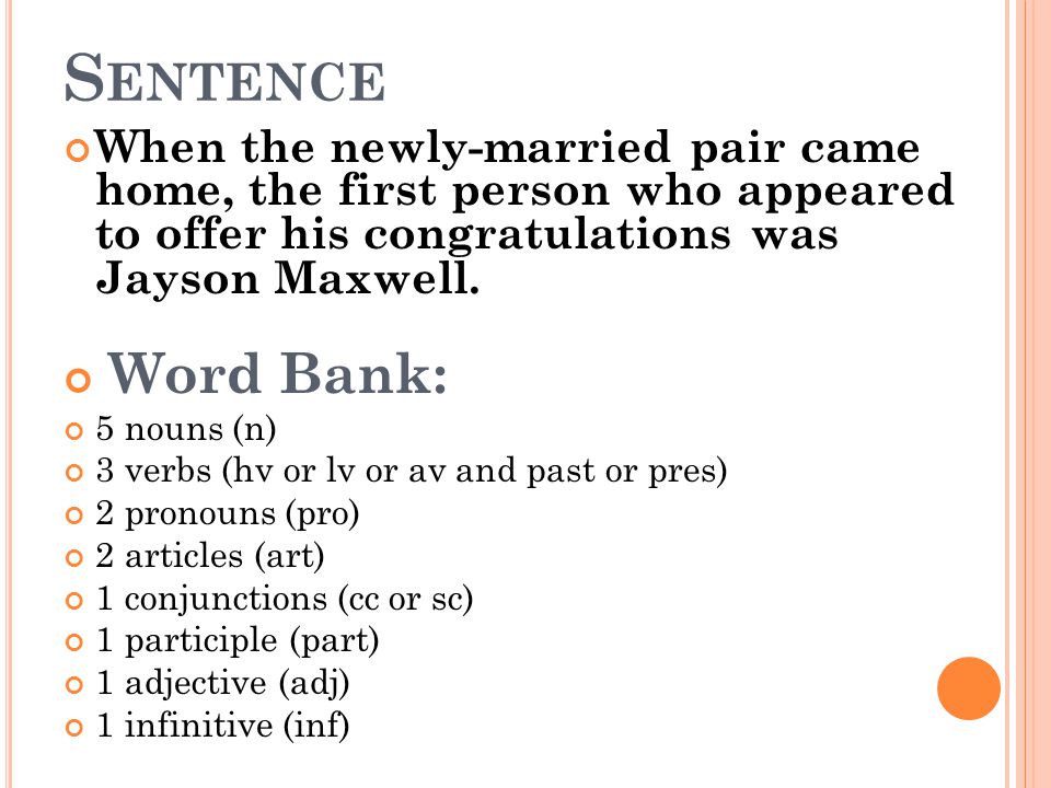 Sentence When the newly-married pair came home, the first person who appeared to offer his congratulations was Jayson Maxwell.