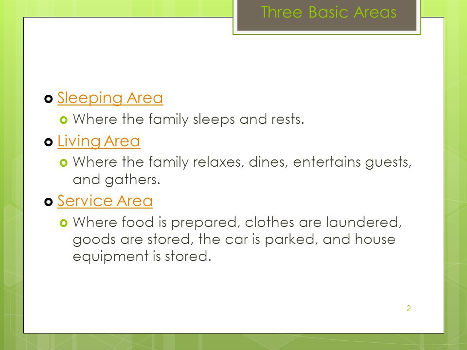 Three Basic Areas Sleeping Area Living Area Service Area