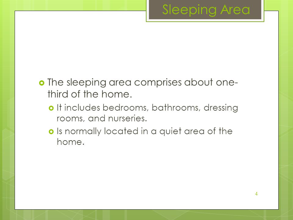Sleeping Area The sleeping area comprises about one-third of the home.