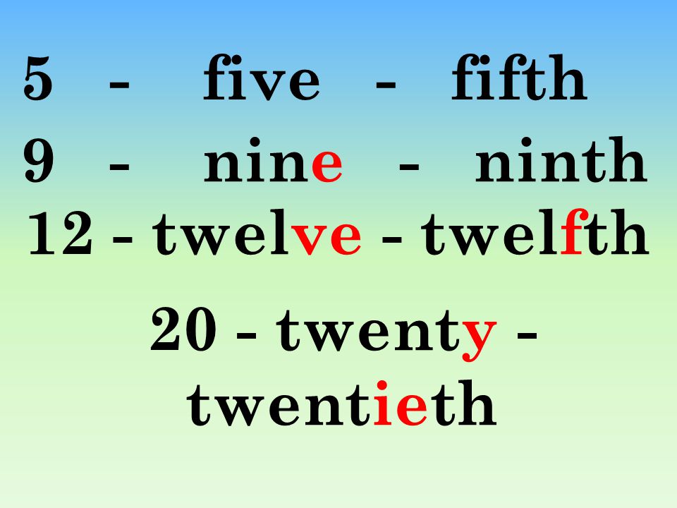 5 - five - fifth 9 - nine - ninth 12 - twelve - twelfth 20 - twenty - twentieth