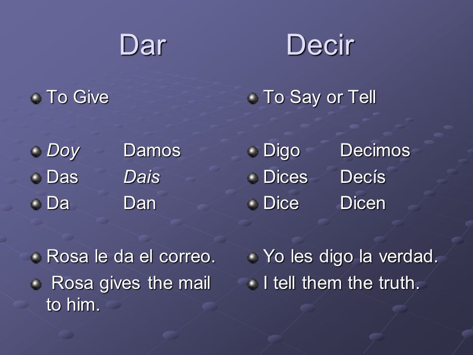 Dar Decir To Give Doy Damos Das Dais Da Dan Rosa le da el correo.
