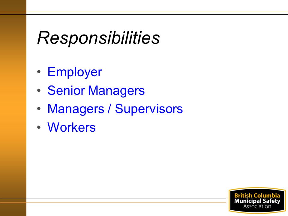 Responsibilities Employer Senior Managers Managers / Supervisors