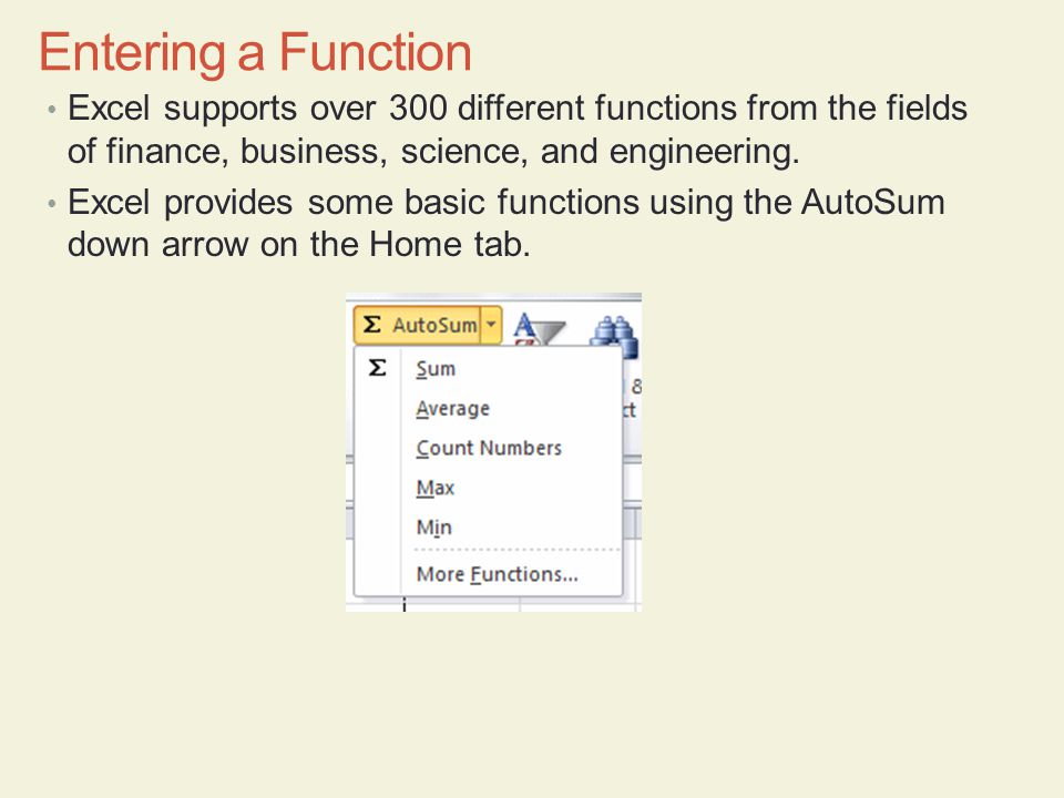 Entering a Function Excel supports over 300 different functions from the fields of finance, business, science, and engineering.