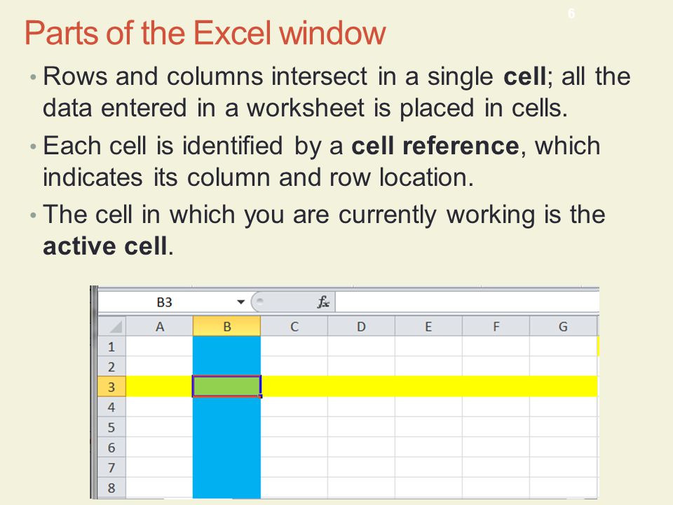 Parts of the Excel window