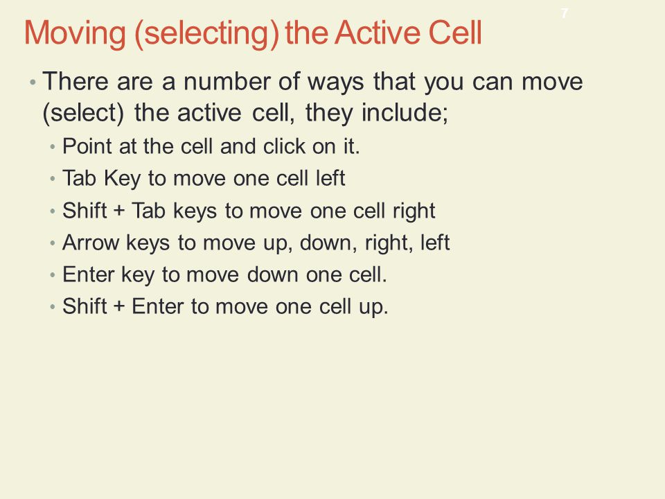 Moving (selecting) the Active Cell