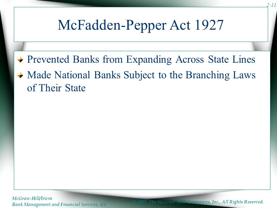 McFadden-Pepper Act 1927 Prevented Banks from Expanding Across State Lines.