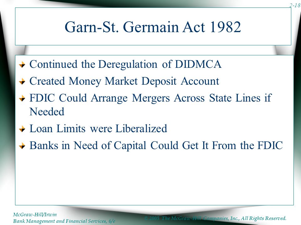 Garn-St. Germain Act 1982 Continued the Deregulation of DIDMCA