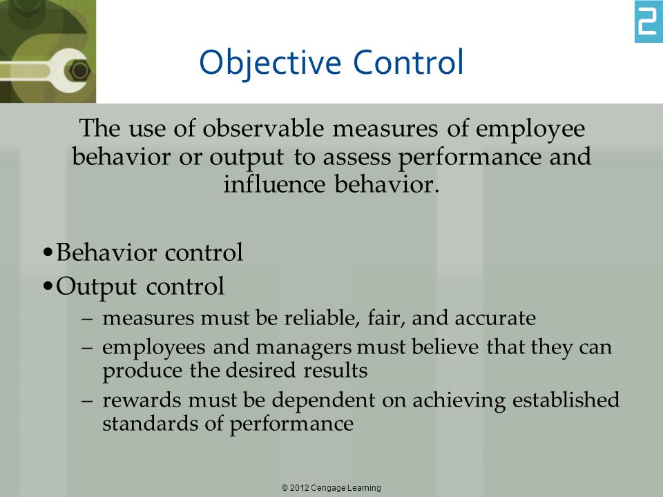 Objective Control The use of observable measures of employee behavior or output to assess performance and influence behavior.