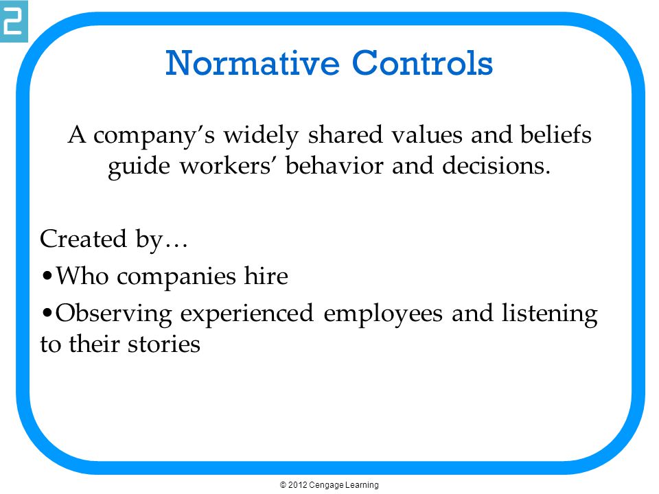Normative Controls A company’s widely shared values and beliefs guide workers’ behavior and decisions.