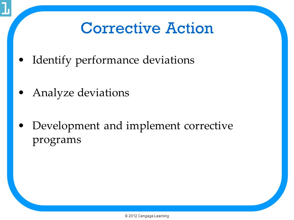 Corrective Action Identify performance deviations Analyze deviations