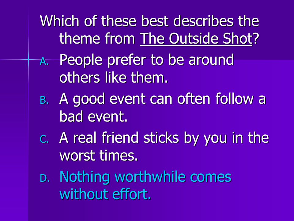 Which of these best describes the theme from The Outside Shot