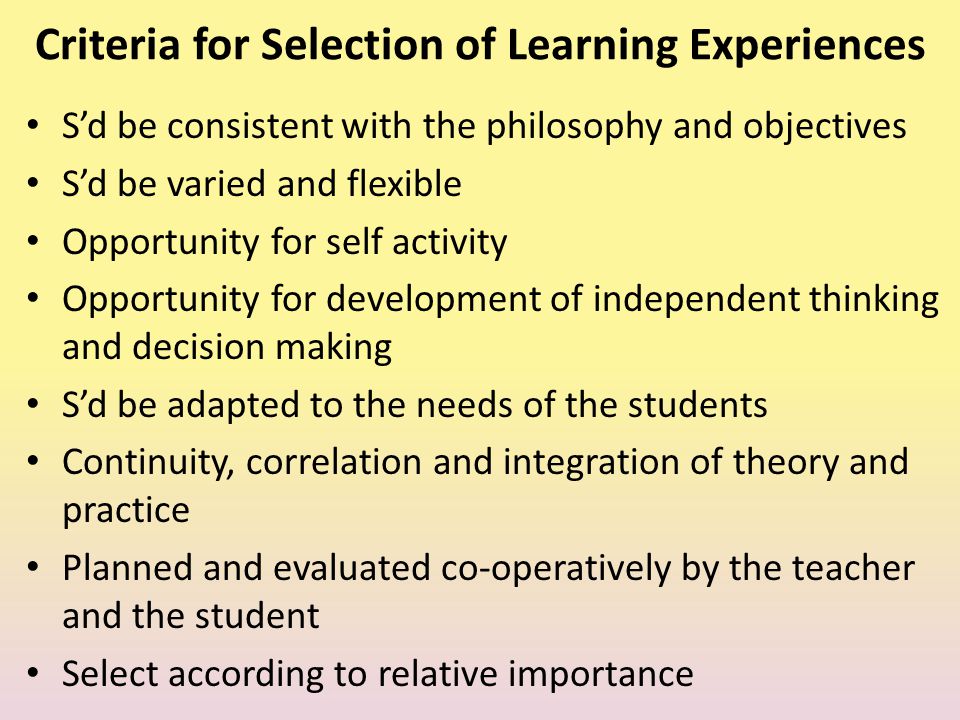 Criteria for Selection of Learning Experiences