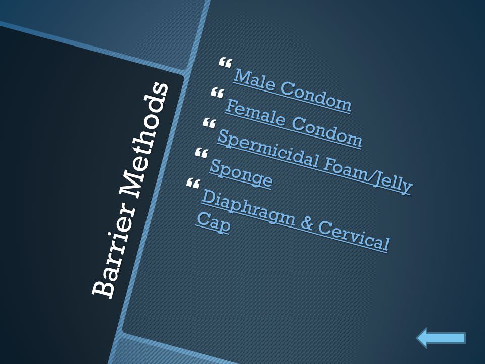Barrier Methods Male Condom Female Condom Spermicidal Foam/Jelly