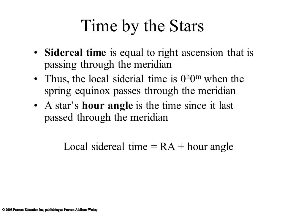 Local sidereal time = RA + hour angle