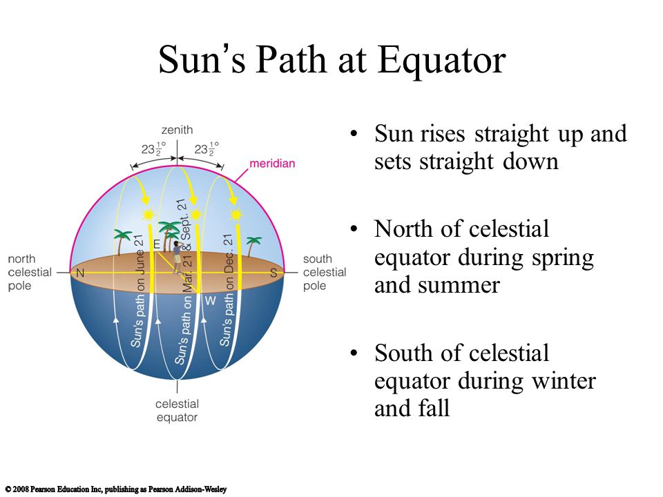 Sun’s Path at Equator Sun rises straight up and sets straight down