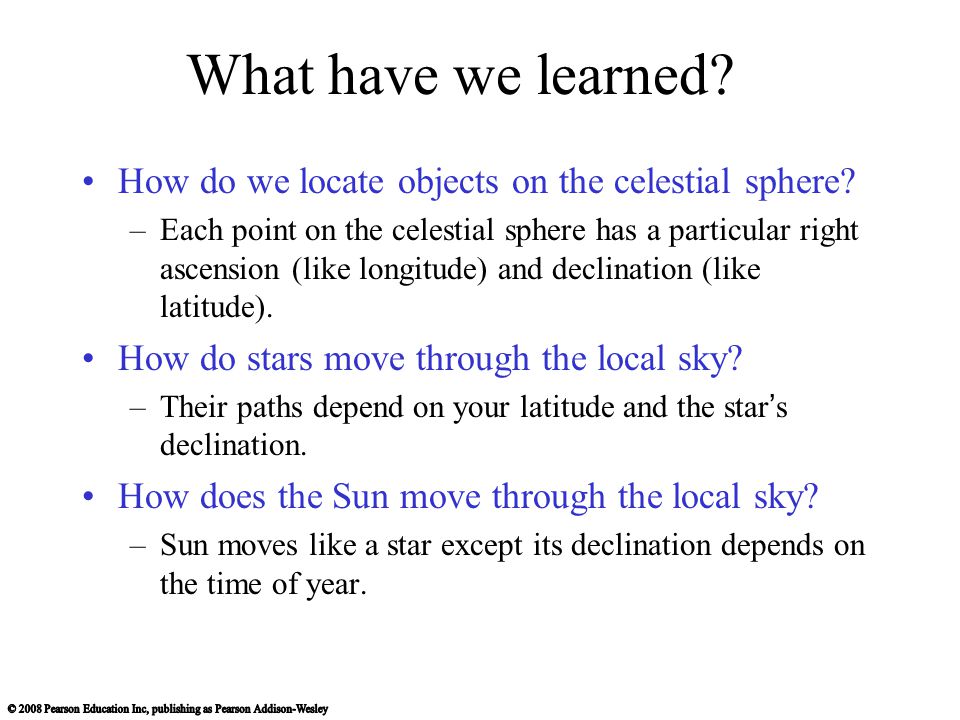 What have we learned How do we locate objects on the celestial sphere