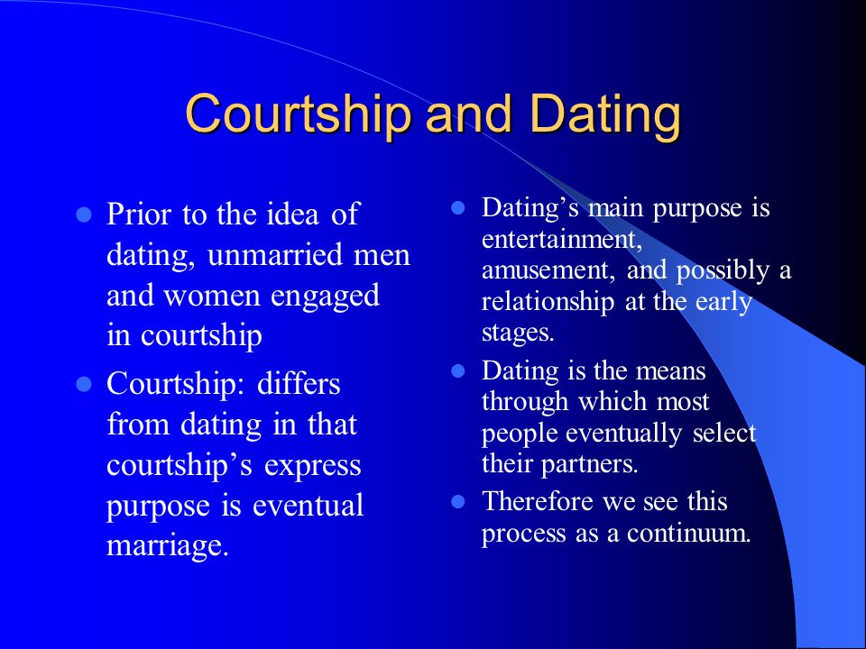 Courtship and Dating Prior to the idea of dating, unmarried men and women engaged in courtship.